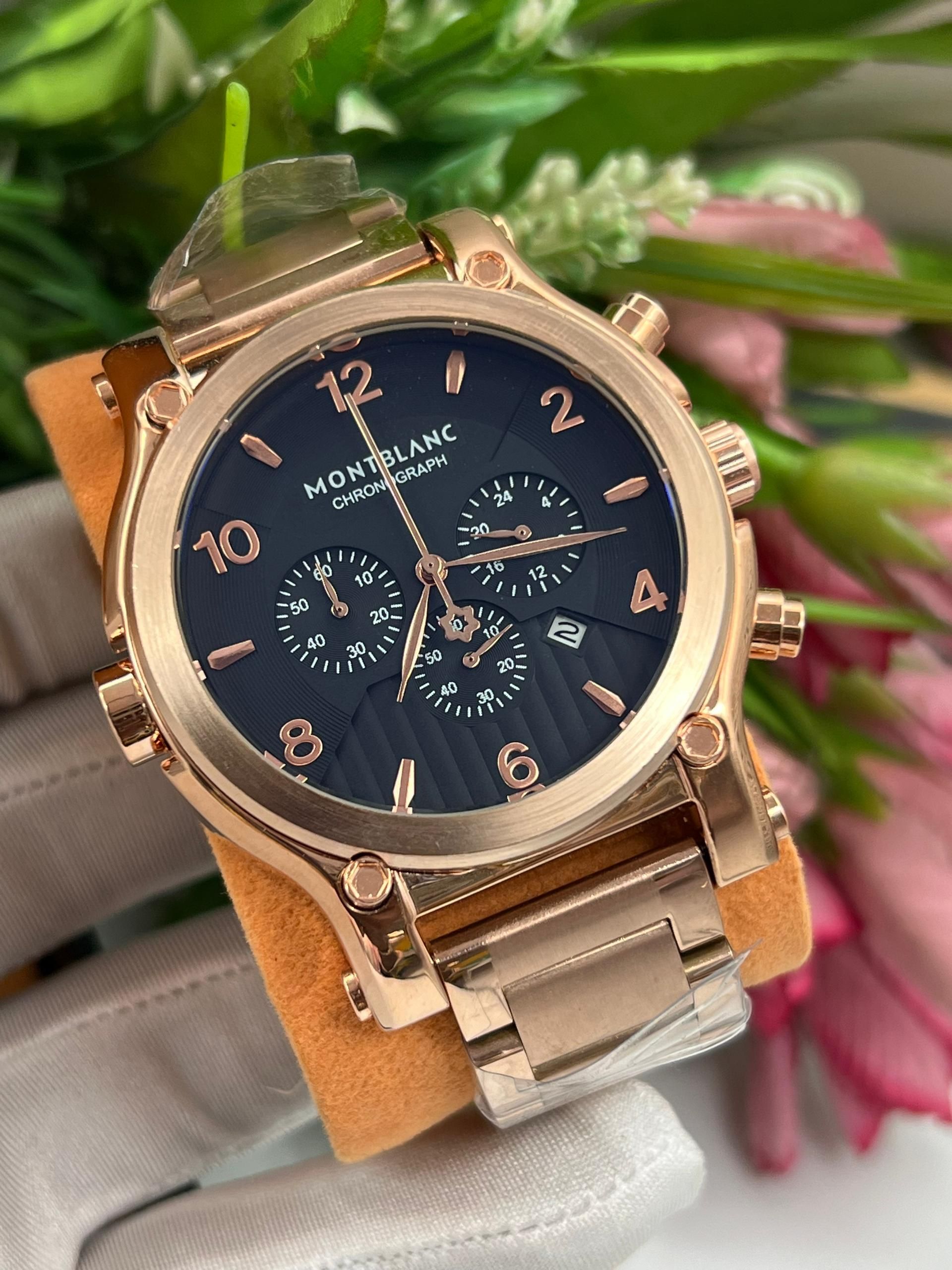 MONTBLANC STAINLESS STEEL HEAD LEATHER AND CHAIN WATCH,