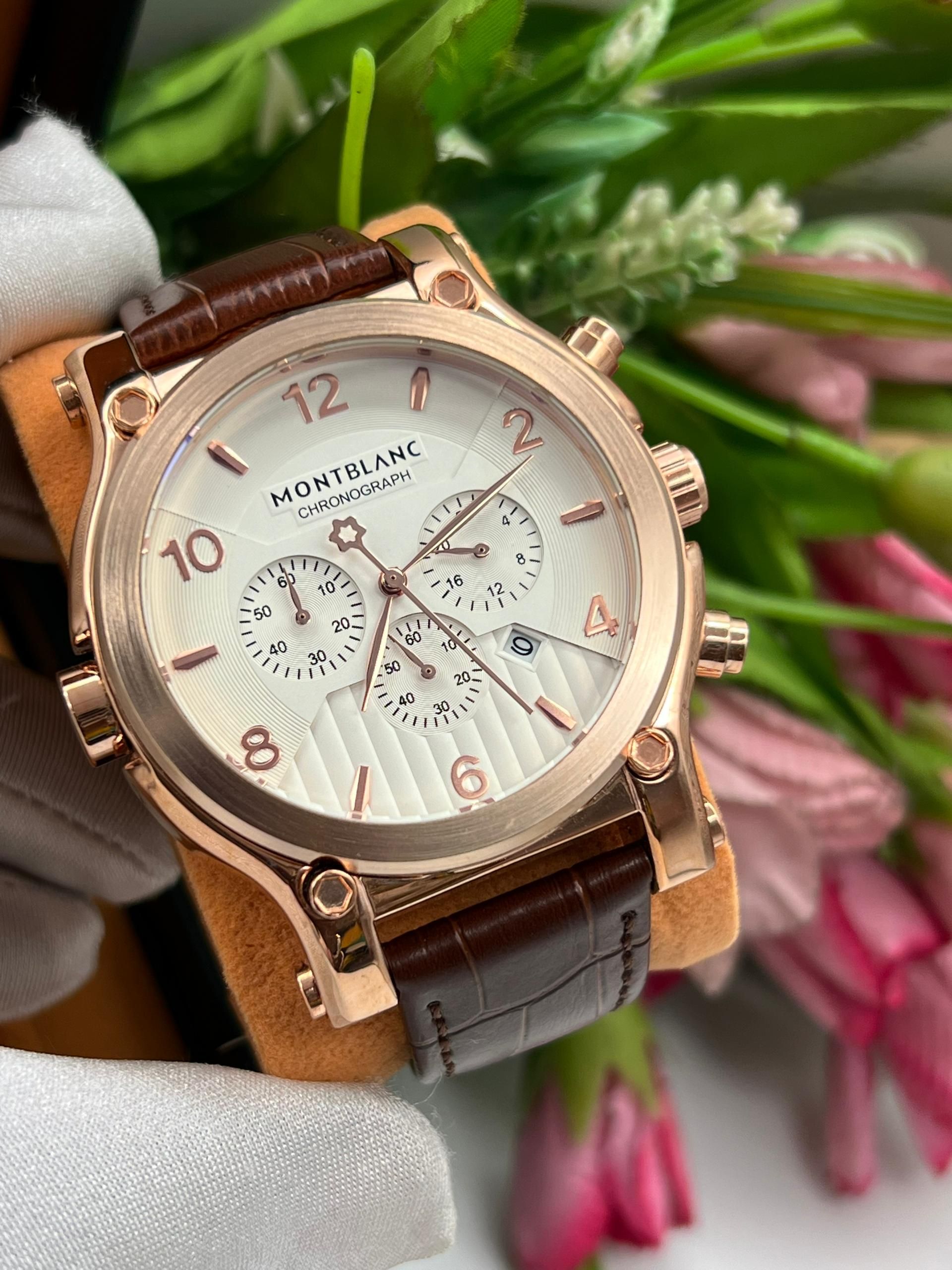 MONTBLANC STAINLESS STEEL HEAD LEATHER AND CHAIN WATCH,